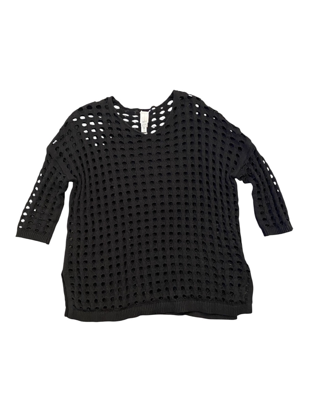 MarlaWynne Cotton Open Stitch Pull On 3/4 Sleeve Sweater Black Size XS Fisherman - Picture 2 of 8